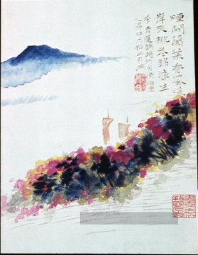  ancien - Shitao Riverbank de fleurs de pêche ancienne encre de Chine